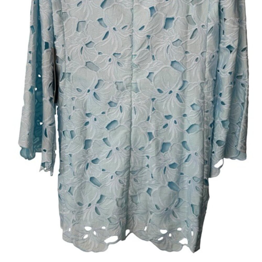 Tuckernuck NEW Aqua Floral Lace Camilla Long Flared Sleeve Mini Dress Size L - Picture 11 of 12